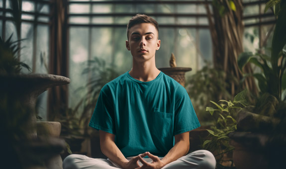 Junger Mann meditiert in einem Gewächshaus.