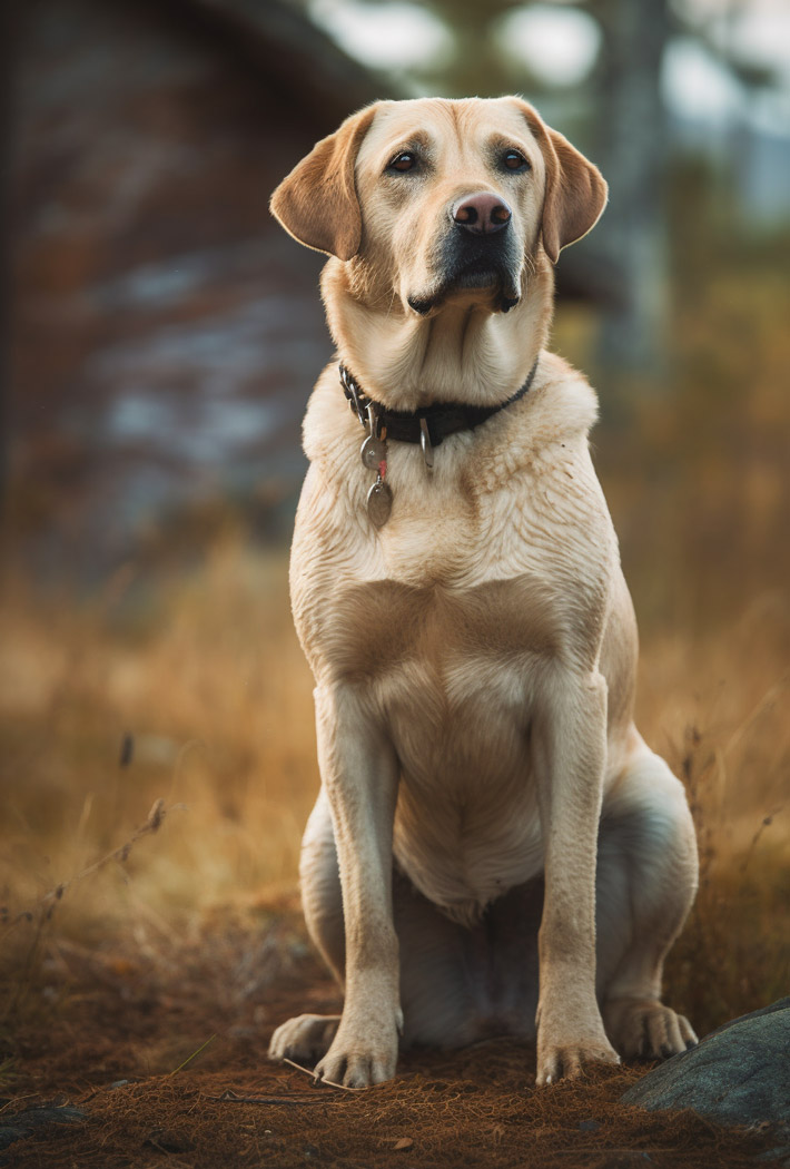 Heller Labrador sitzt in einem Feld.