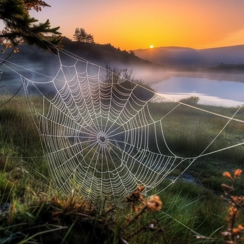 Großes Spinnennetz auf einer Wiese und Sonnenaufgang im Hintergrund.