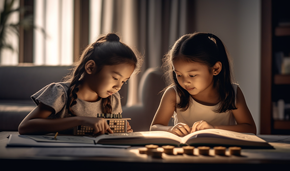 Zwei Kinder die im Wohnzimmer auf dem Boden sitzen und sich mit Büchern und Spielzeugen beschäftigen.