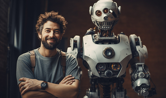Mann mit Bart und grauen Tshirt steht lächelnd neben einem großen weißen Roboter.