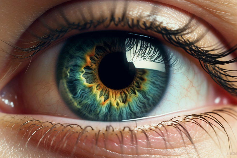 Zoom-in die bunte Iris eines Auges mit dunklen Wimpern.
